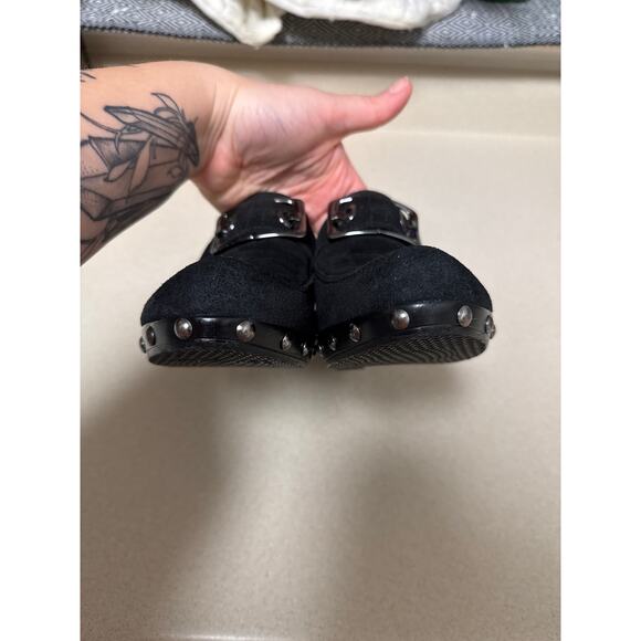 Y2K Stuart Weitzman Black Suede Heeled Studded Buckle Heeled Mules Size 7.5 - Picture 5 of 9